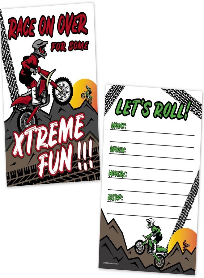 أولد بلو دور إنفايتس دعوات لحفلة عيد ميلاد للأطفال بتصميم سباق الدراجات النارية الترابية (20 دعوة مع أظرف) - دعوات عيد ميلاد للأولاد بتصميم دراجات نارية - Image 1