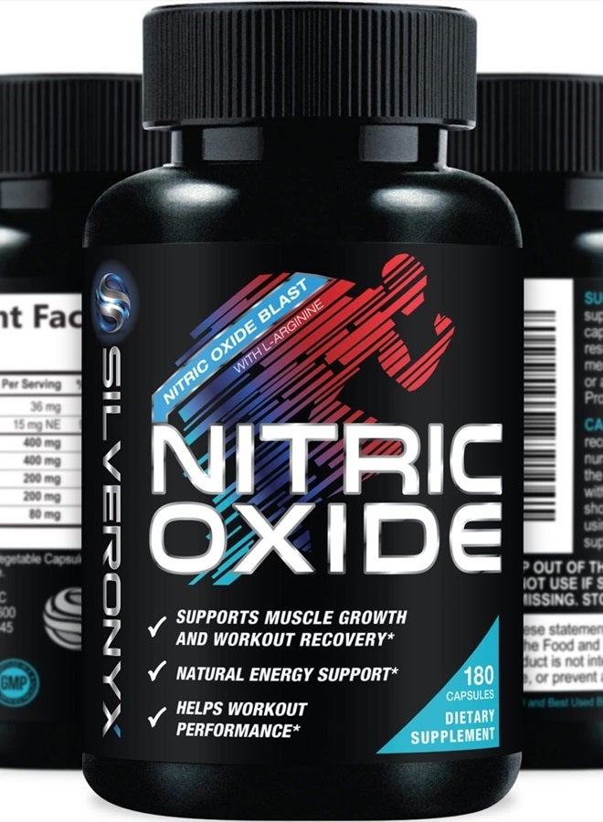 SilverOnyx Extra Strength Nitric Oxide Supplement L Arginine 3X Strength - Citrulline Malate, AAKG, Beta Alanine - Premium Muscle Supporting Nitric Booster for Strength & Energy to Train Harder - 180 Capsules - Image 1