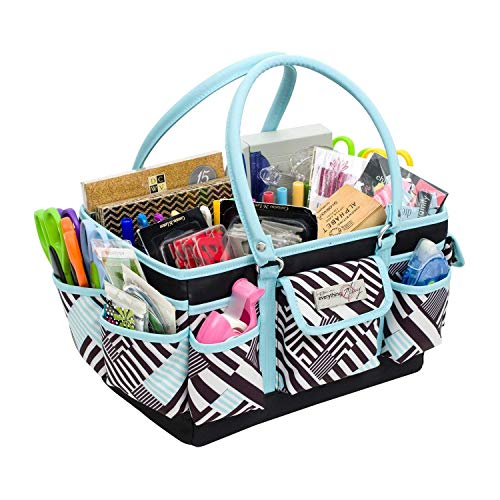 Everything Mary Teal Geometric Deluxe Store and Tote - Storage Organizer Bag for Crafts, Sewing, Paper, Art, Desk, Canvas, Supplies Storage Organization - Travel Art Box with Handle - Image 1