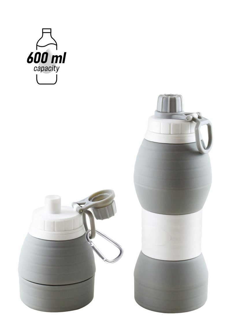 Zikra زجاجات ماء قابلة للطي خالية من BPA كوب سفر سيليكون زجاجة ماء قابلة لإعادة الاستخدام للمشروبات الساخنة والباردة زجاجة ماء رياضية محمولة مقاومة للتسرب مع مشبك للتنزه رمادي 20 أونصة 600 مل - Image 1