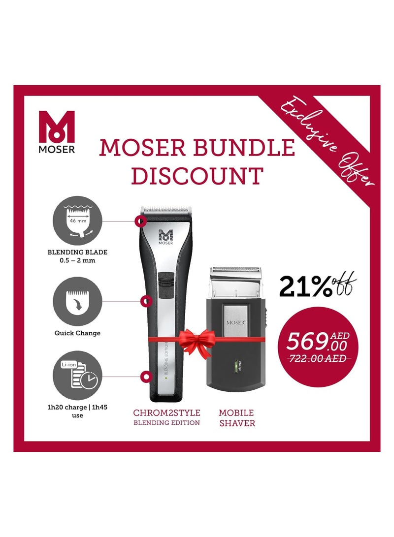 MOSER Chrom2Style Blending Edition Professional Hair Clipper & Rechargeable Travel Shaver for Men Combo (Made in Germany) | Precision Blades | Quick-Change Blade System (1877-0152 + 3615-0052B) black - Image 2