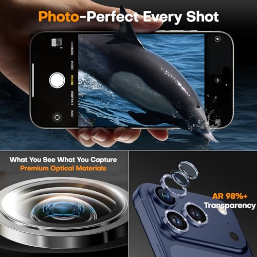 Wumigoo for iPhone 17 Pro/iPhone 17 Pro Max Camera Lens Protector, Tempered Glass Screen Protector Metal Individual Camera Cover Accessories [Anti-drop] Case Friendly- Glitter Deep Blue - Image 4