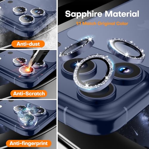 Wumigoo for iPhone 17 Pro/iPhone 17 Pro Max Camera Lens Protector, Tempered Glass Screen Protector Metal Individual Camera Cover Accessories [Anti-drop] Case Friendly- Glitter Deep Blue - Image 3