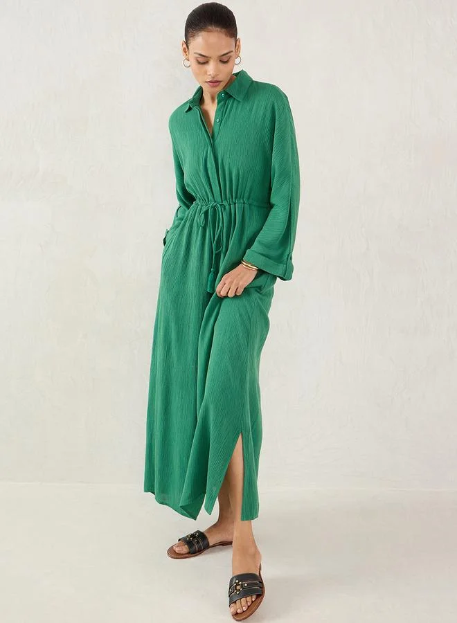 Femmella Femmella Green Crinkled Collared A-Line Maxi Dress with Drawstring Waist