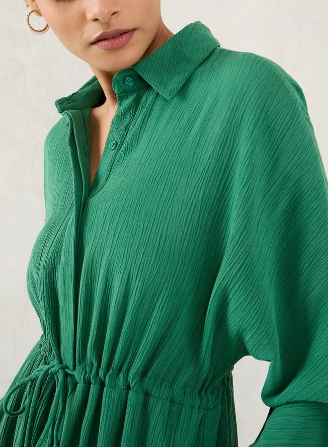 Femmella Femmella Green Crinkled Collared A-Line Maxi Dress with Drawstring Waist