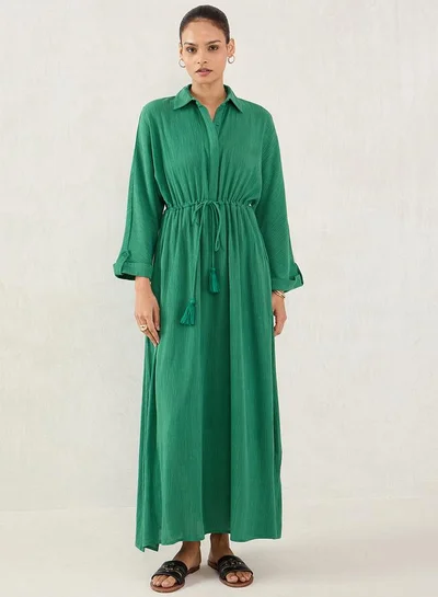 Femmella Femmella Green Crinkled Collared A-Line Maxi Dress with Drawstring Waist