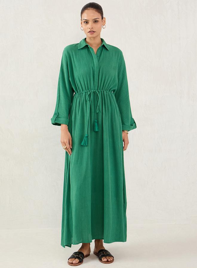 Femmella Green Crinkled Collared A-Line Maxi Dress with Drawstring Waist - Image 1