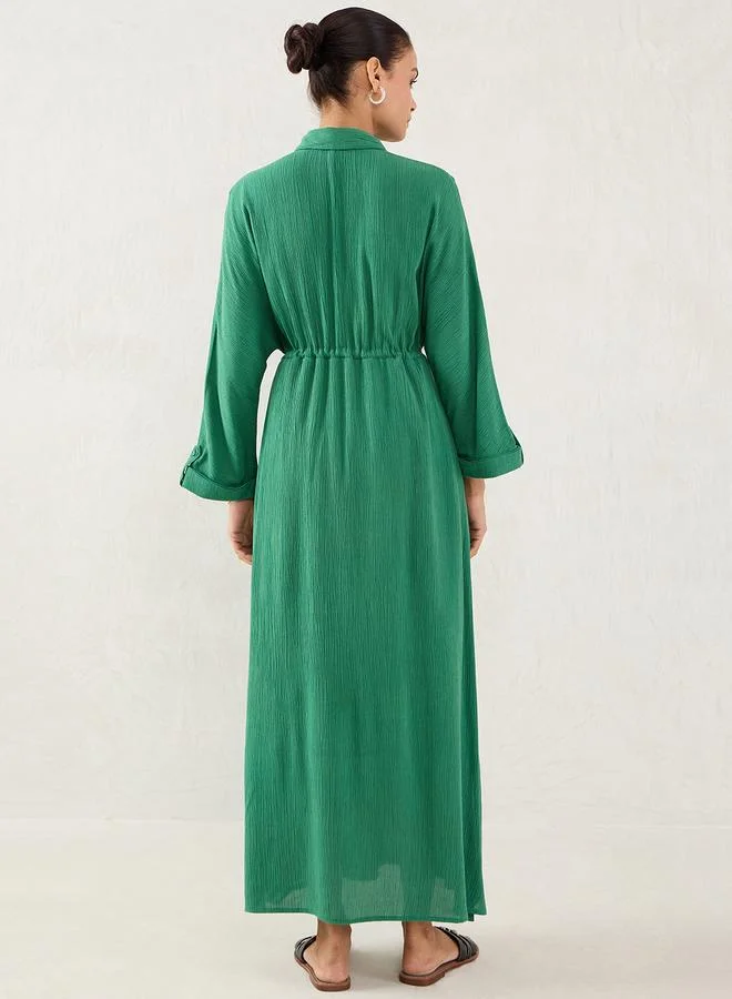 Femmella Femmella Green Crinkled Collared A-Line Maxi Dress with Drawstring Waist