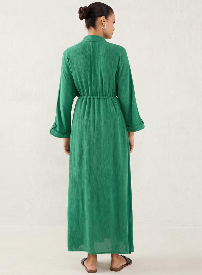 Femmella Green Crinkled Collared A-Line Maxi Dress with Drawstring Waist - Image 2