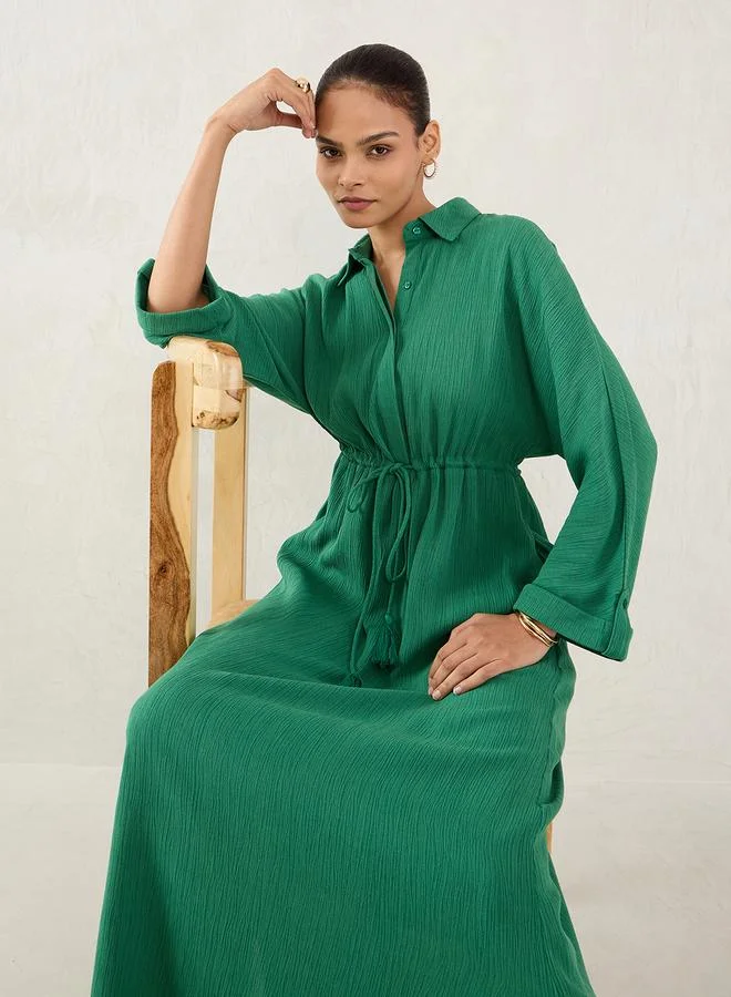 Femmella Femmella Green Crinkled Collared A-Line Maxi Dress with Drawstring Waist