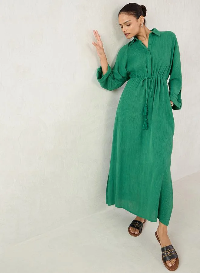Femmella Femmella Green Crinkled Collared A-Line Maxi Dress with Drawstring Waist