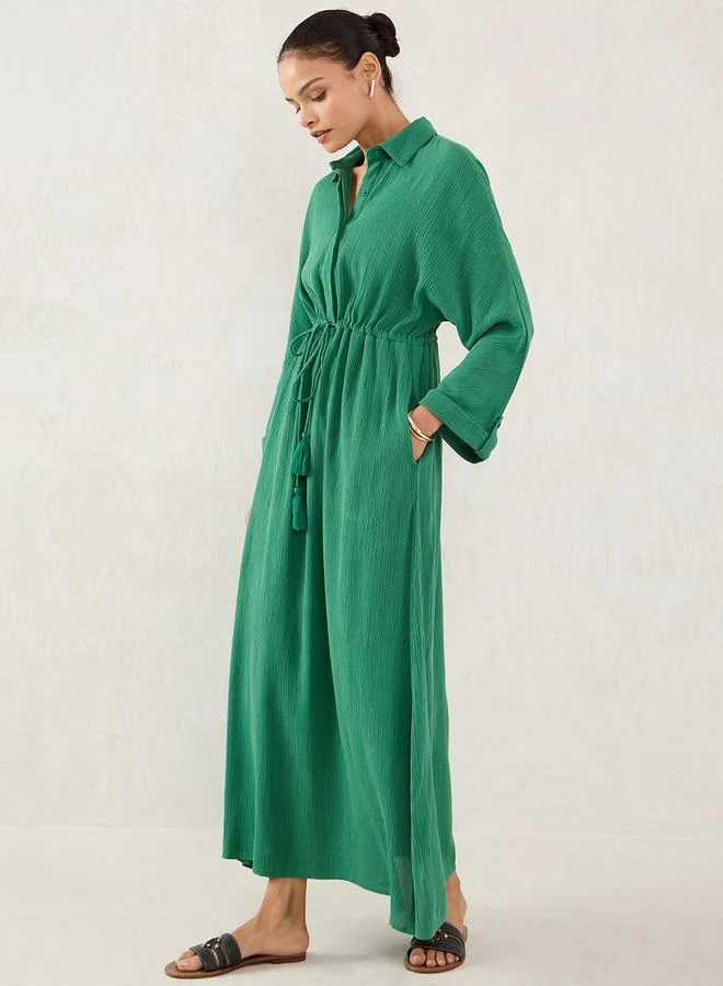 Femmella Femmella Green Crinkled Collared A-Line Maxi Dress with Drawstring Waist
