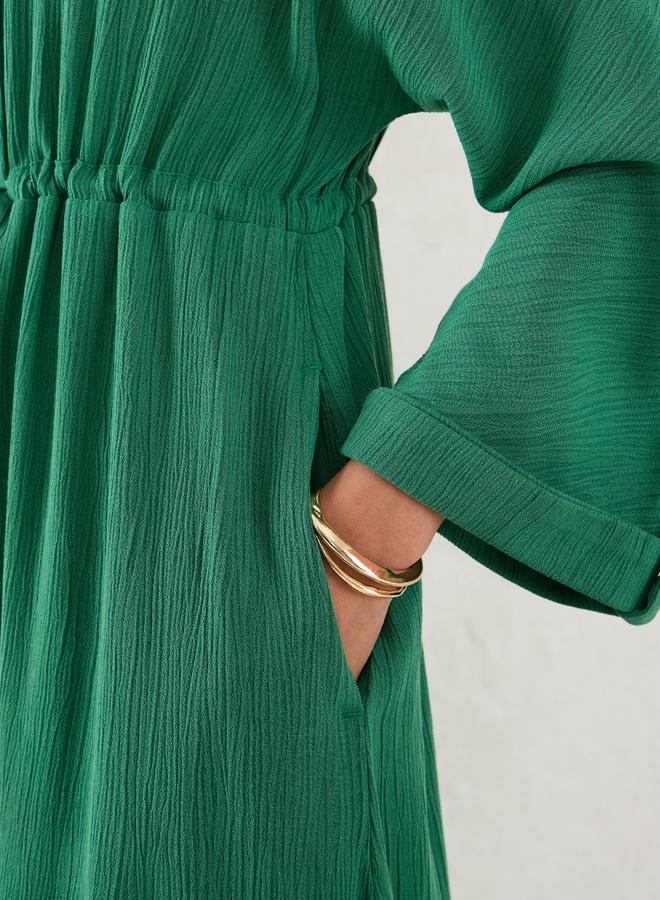 Femmella Green Crinkled Collared A-Line Maxi Dress with Drawstring Waist - Image 5
