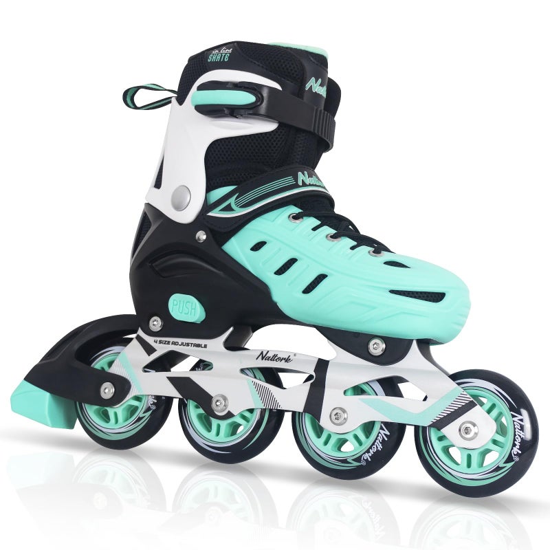Teal Inline Skates for Youth Girls Women 4 Sizes Adjustable Blades Roller Skates with Ankle Support Adjustable Strap 84mm Wheels and Soft Boot Fit for Skating Roller Derby Street Hockey