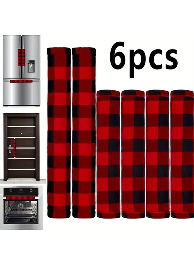 6 Pcs Red Check Christmas Refrigerator Handle Covers Black White Check Pattern Oven Microwave Armrests Winter Festive Decorations - Image 3