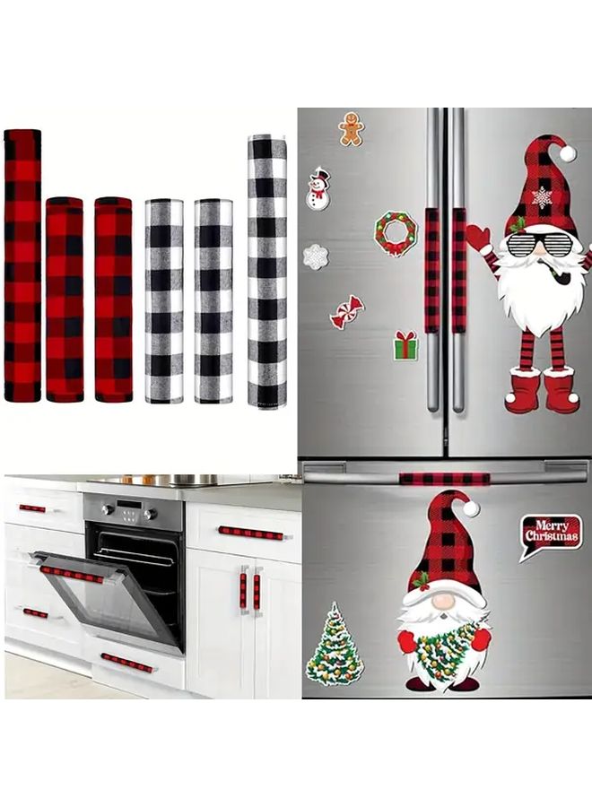 6 Pcs Red Check Christmas Refrigerator Handle Covers Black White Check Pattern Oven Microwave Armrests Winter Festive Decorations - Image 1