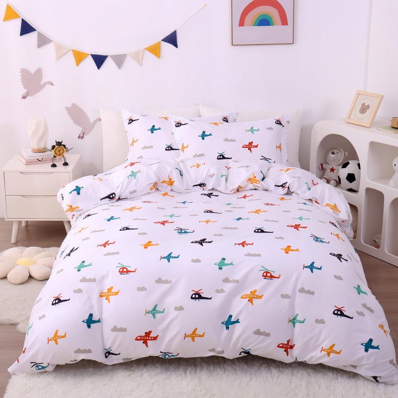 JSD Airplane Kids Duvet Cover Set Full Size 3 Piece Soft Printed Microfiber Comforter Cover with Pillow Sham Zipper Closure Comforter Not Included