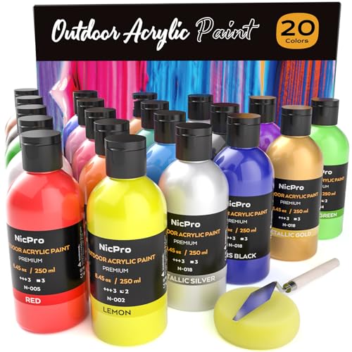 Nicpro 20 Colors Large Bulk Outdoor Acrylic Paint Set (8.45 oz, 250 ml) Rich Art Painting Supplies, Non Toxic for Multi Surface Canvas Rock Wood Leather Fabric Stone Metal Wall Craft with Color Wheel - Image 1