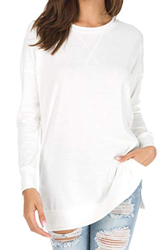 levaca Womens Fall Long Sleeve Sweatshirts Side Split Loose Casual Tunic Tops White S - Image 2