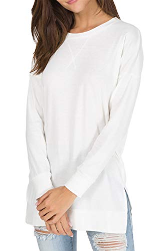levaca Womens Fall Long Sleeve Sweatshirts Side Split Loose Casual Tunic Tops White S - Image 5