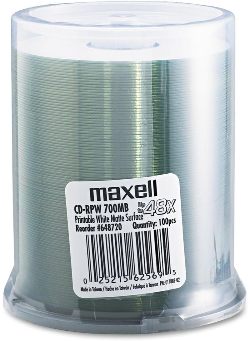 Maxell Maxell Cd-R Printable Recordable Disc, 700 Mb/80 Min, 48x, Spindle, Matte White, 100/pack