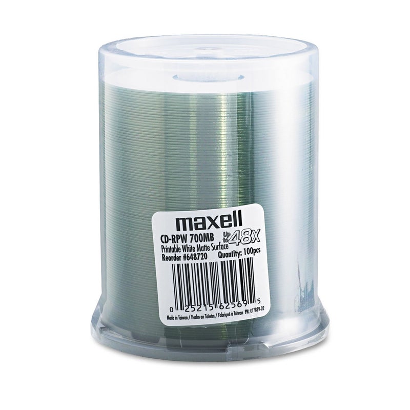 Maxell قرص ماكسيل Cd-R القابل للطباعة، 700 ميجابايت/80 دقيقة، 48x، على شكل أسطوانة، أبيض غير لامع، 100/عبوة