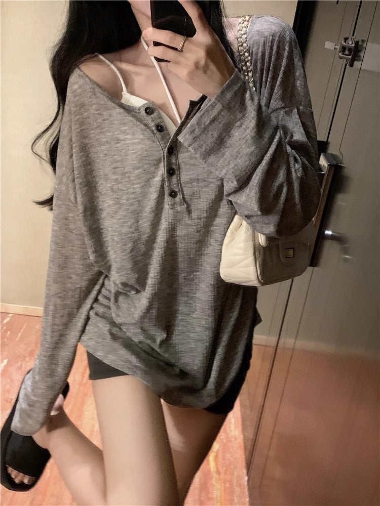 [Original fabric] Summer thin pure wind long sleeve sunscreen T-shirt womens lazy wind loose V-neck blouse top Brown - Image 4