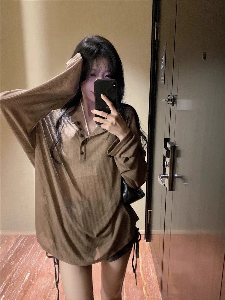 [Original fabric] Summer thin pure wind long sleeve sunscreen T-shirt womens lazy wind loose V-neck blouse top Brown - Image 1