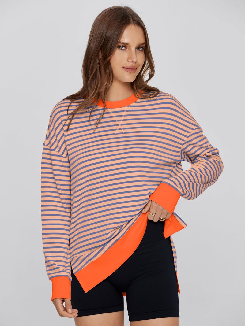 Glamaker Women's Striped Long Sleeve Crewneck Sweatshirt Air Essentials Soft Loose Pullover Sweatshirts Pink Orange M - Image 4