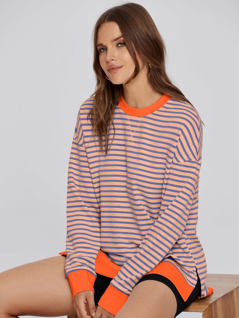 Glamaker Women's Striped Long Sleeve Crewneck Sweatshirt Air Essentials Soft Loose Pullover Sweatshirts Pink Orange M - Image 5