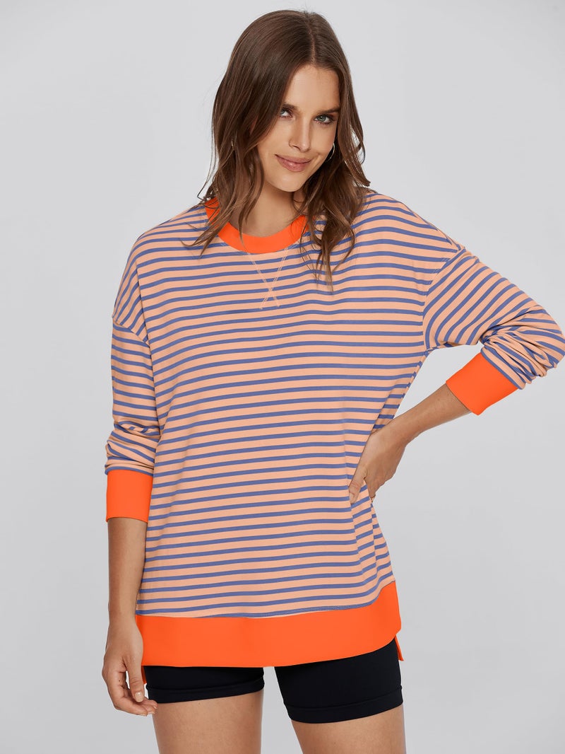Glamaker Women's Striped Long Sleeve Crewneck Sweatshirt Air Essentials Soft Loose Pullover Sweatshirts Pink Orange M - Image 2