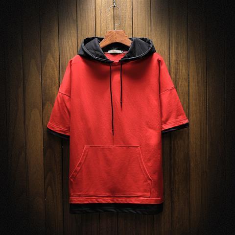 Summer Hooded Mens Thin Short Sleeve Sweatshirt Red  - Image 1