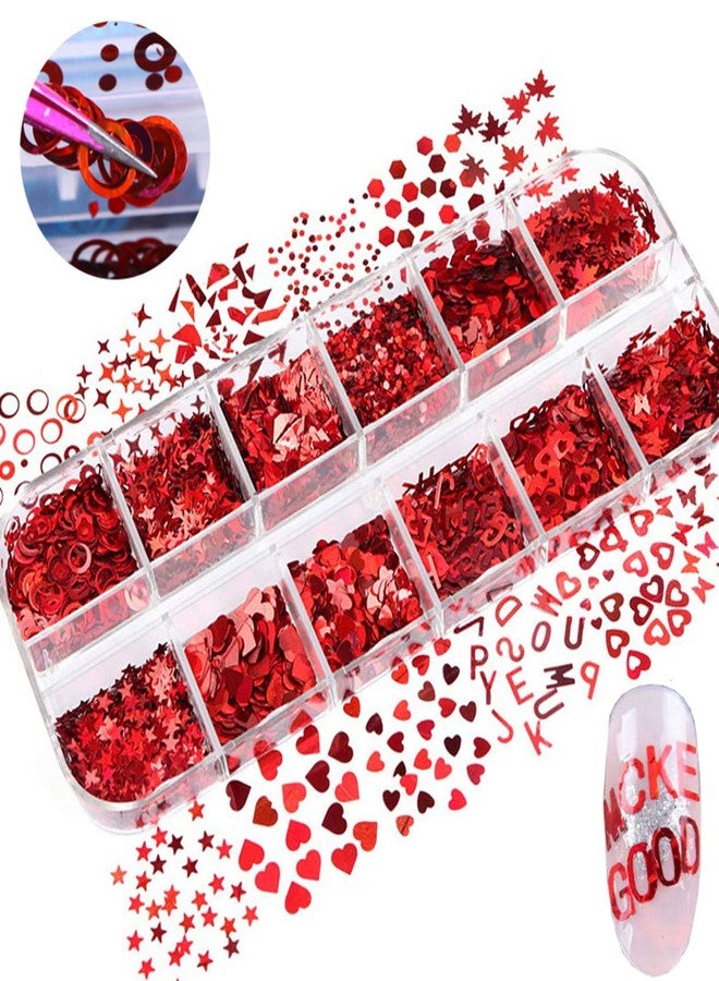 TBRZTR Laser Glitter Nail Art Sequins Holographic 3D Red Glitters Flakes Decor Supplies, Love Heart Letters Stars Circle Butterfly Nail Art Design for Women Manicure Decorations DIY Resin Nails Accessories - Image 3