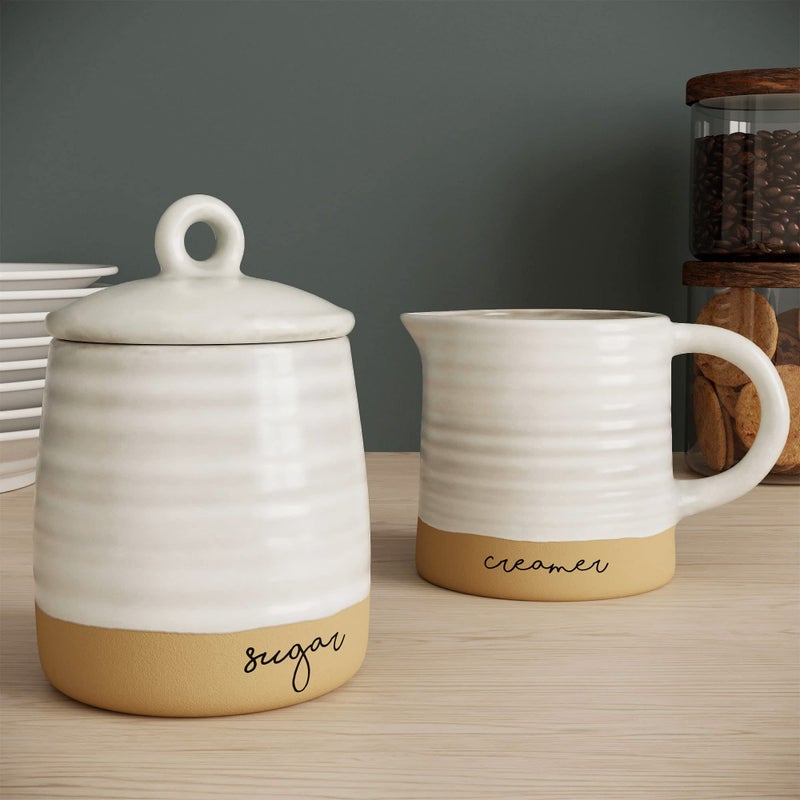 BARNYARD DESIGNS Barnyard Designs Ceramic Stoneware Sugar Creamer Set 11oz Creamer Pitcher and Sugar Bowl with Lid Vintage Farmhouse Sugar Creamer Dispenser Container Holder Sugar Cube Dish Coffee or Tea IvoryTan 