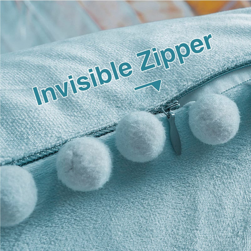 Topfinel Top Finel 22x22 Decorative Pillow Covers Set of 2  Baby Blue Throw Pillow Cover with Pom Poms for Couch Bed Sofa  Square Throw Pillows Soft Velvet Pillow Cases for Bedroom Livingroom Boho Home Decor - Image 4