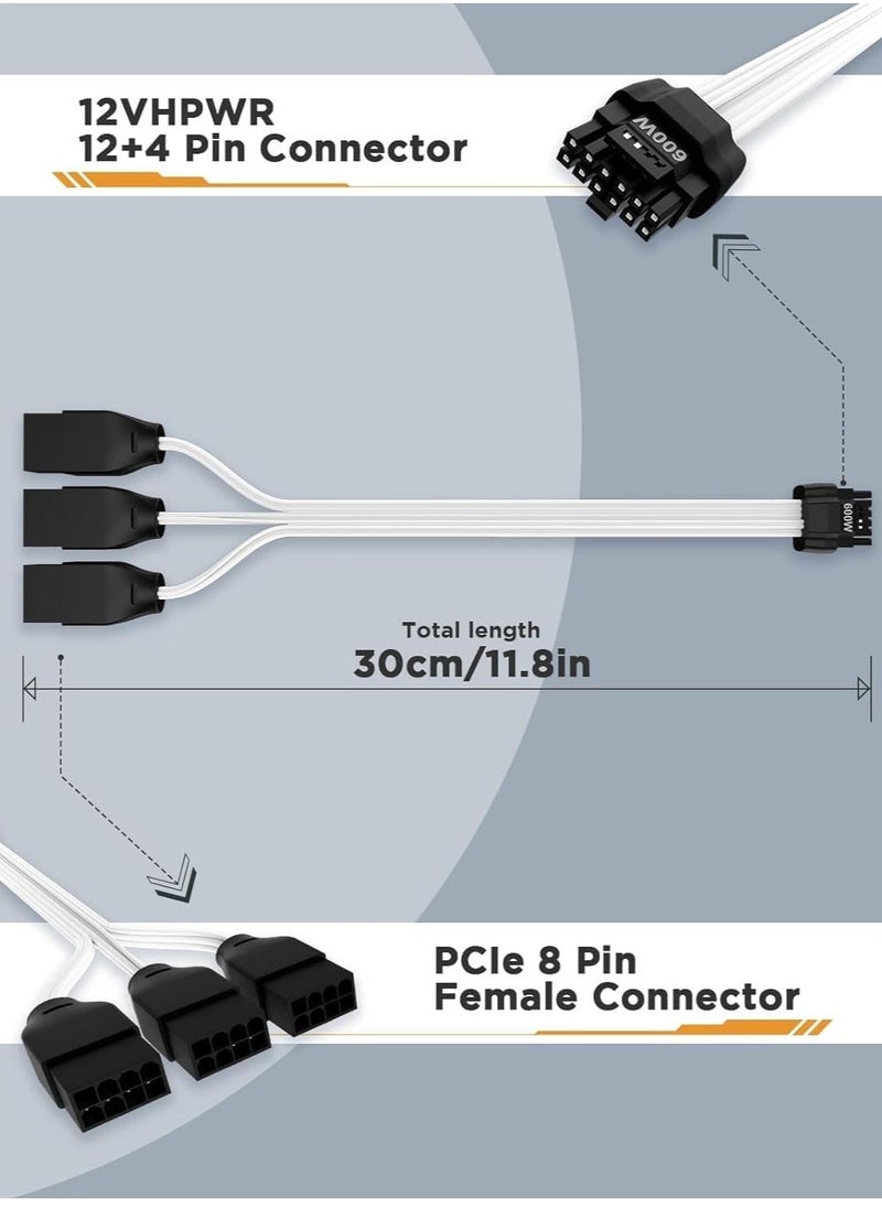 PCIe 5.0 Power Extension Cable, 12VHPWR 600W Gen 5 PSU Adapter, Fits Type-4 PSUs via 3 * 8-pin PCIe to 16pin pin 16AWG Connector for RTX 4090 4080 3090TI 4070Ti Graphics Card GPU 30cm