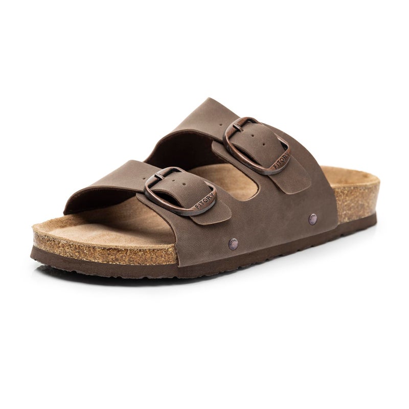 FITORY Womens Flat Sandals with Cork Footbed, Open Toe Slides Adjustable Slip On Slippers for Summer Brown Size 10 - Image 1