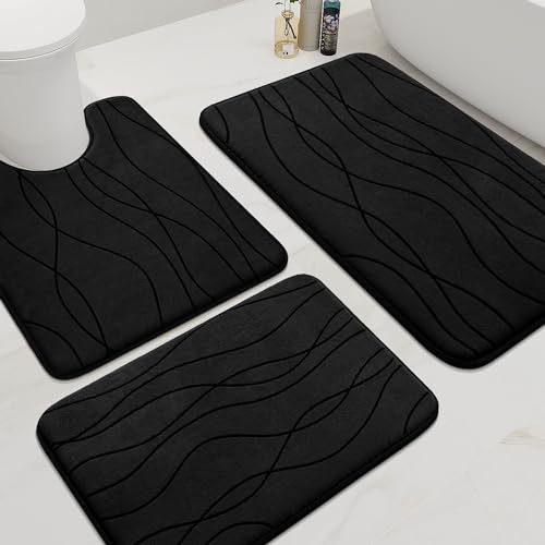 YIHOUSE Memory Foam Black Bathroom Rug Sets 3 Piece Ultra Absorbent Bath Mat for Bathroom NonSlip Machine Washable Dry Quickly 3 Piece Bathroom Mat Set Black - Image 1
