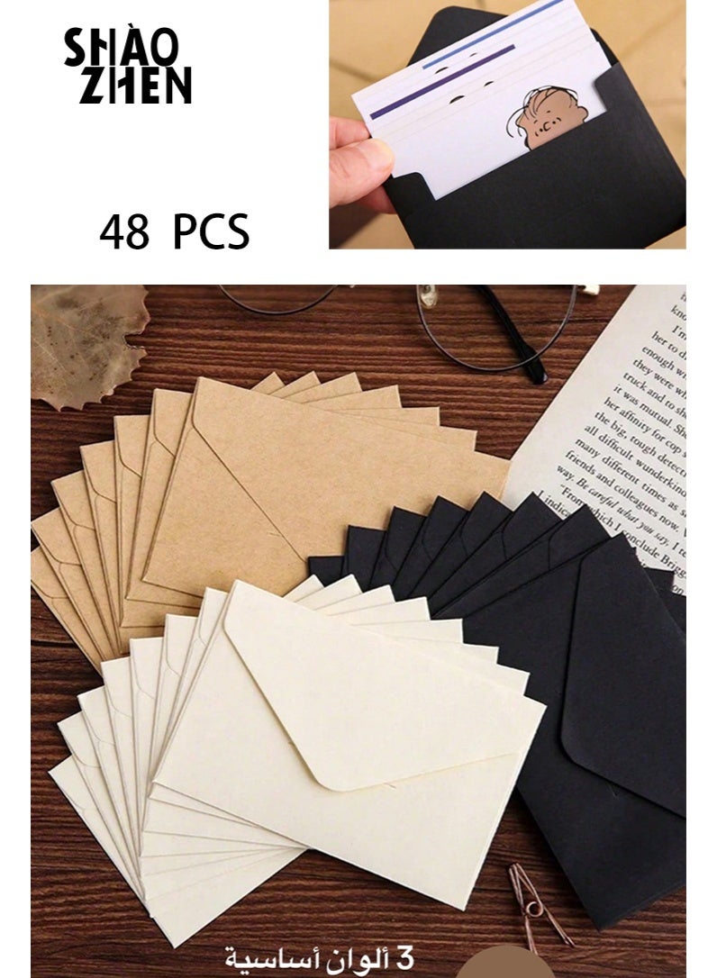 SHAOZHEN 48 Pack Mini Envelopes,Thick Vintage Paper Envelopes,Small Envelopes，Business Card in 3 Colors for Wedding Invitations, Greeting Cards, Thank You Notes, Gift Cards & Holiday Decor (Kraft, Black, White,10×7cm) - Image 1