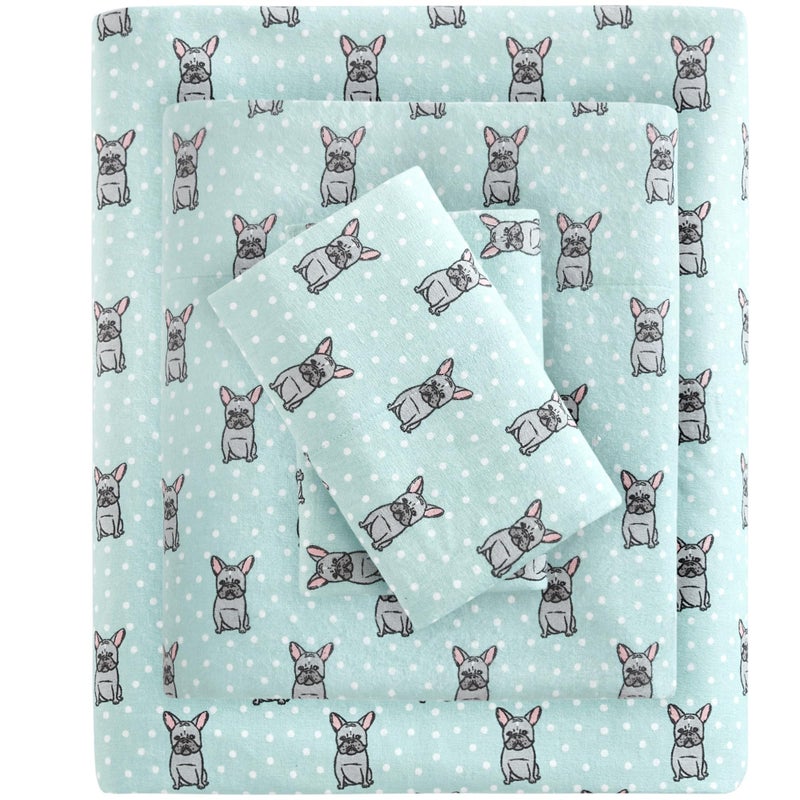 Sleep Philosophy True North by Sleep Philosophy Cozy Flannel Warm 100 Cotton Sheet  Novelty Print Animals Stars Cute Ultra Soft Cold Weather Bedding Set Cal King Aqua French Bulldog 4 Piece 