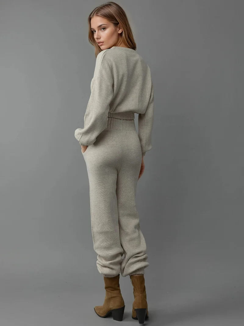 MY FASHION MY FASHION Ribbed Cropped Crew Neck Sweater & Elastic Cuff Pants Knit Co-Ord Set