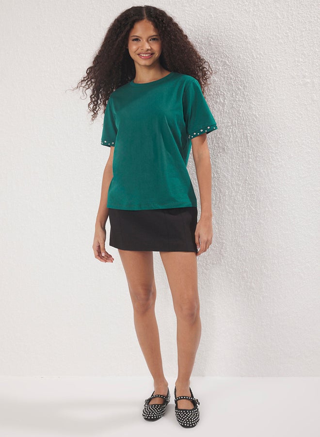 trendyol Emerald Green Pearl Detail Regular/Regular Fit Knitted T-Shirt - Image 1