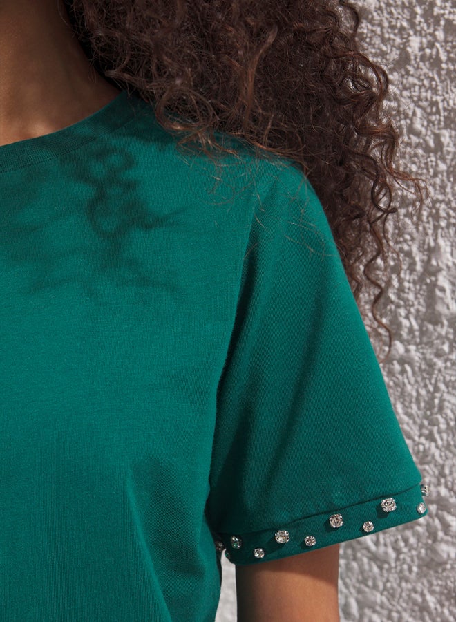 trendyol Emerald Green Pearl Detail Regular/Regular Fit Knitted T-Shirt - Image 3