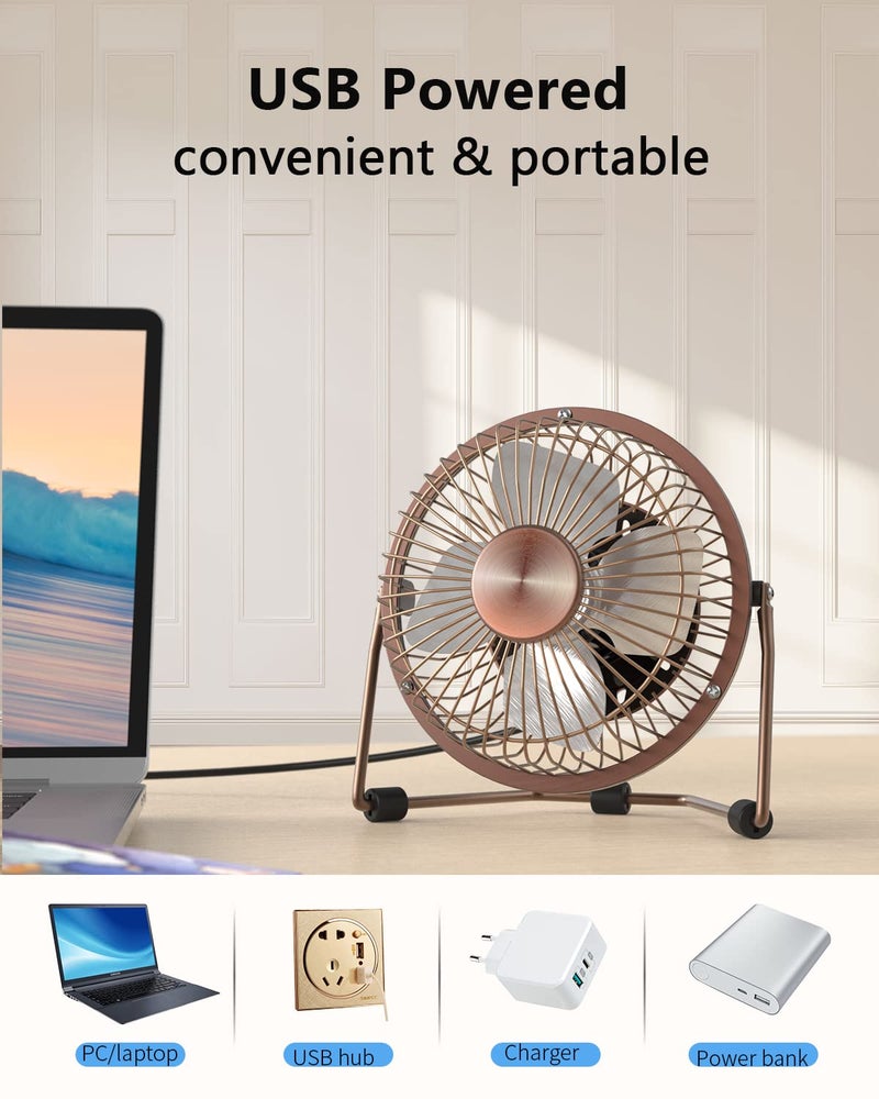 Zuvas Desk Fan Quiet Small USB Fan 360Â° Rotation Portable Table Fan 2 Speed Mini Personal Fan Air Cooling Electric Fan for Home Office Bedroom Travel Camping, 4 inch Bronze - Image 3