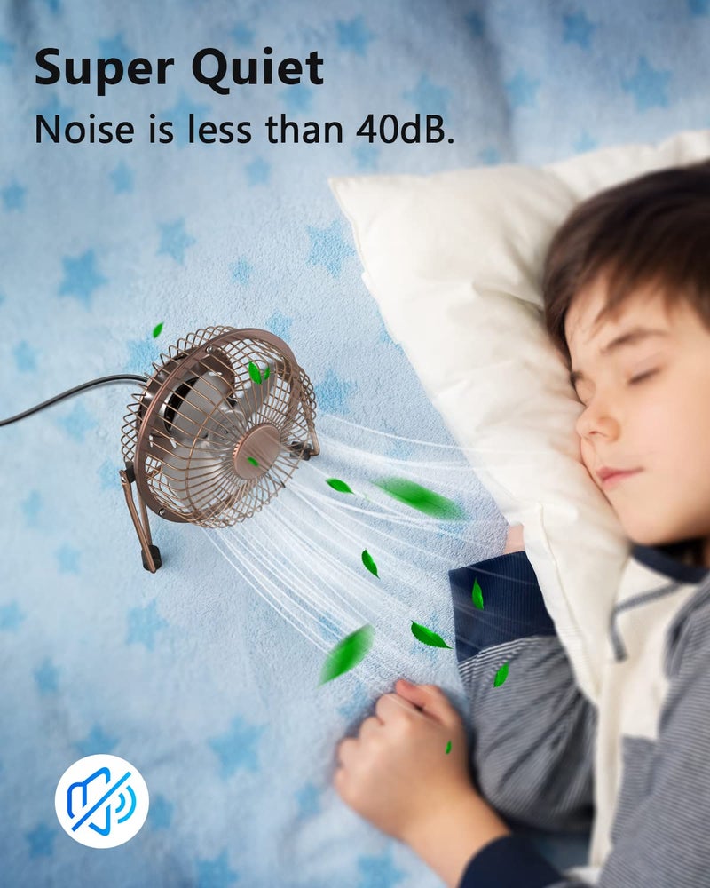Zuvas Desk Fan Quiet Small USB Fan 360Â° Rotation Portable Table Fan 2 Speed Mini Personal Fan Air Cooling Electric Fan for Home Office Bedroom Travel Camping, 4 inch Bronze - Image 5