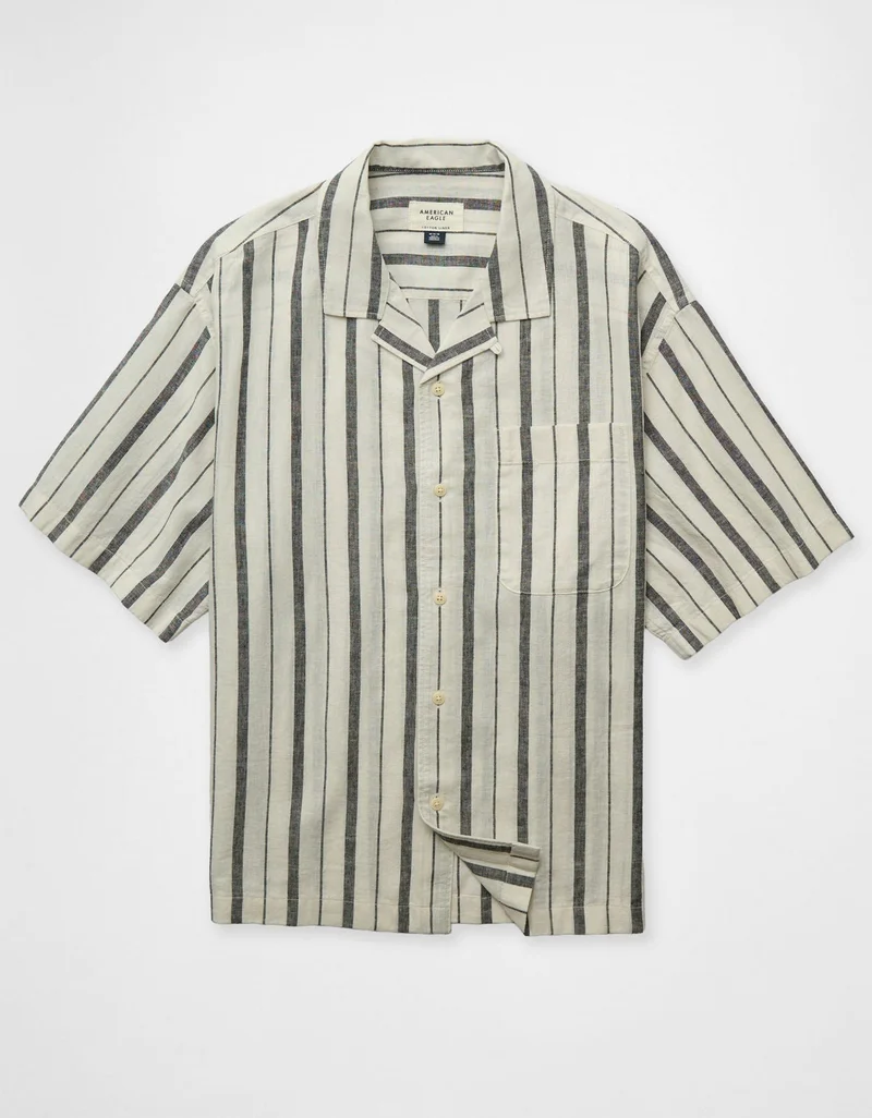 American Eagle  AE Relaxed Fit Linen-Blend Camp Collar Shirt for Men | Best Price UAE