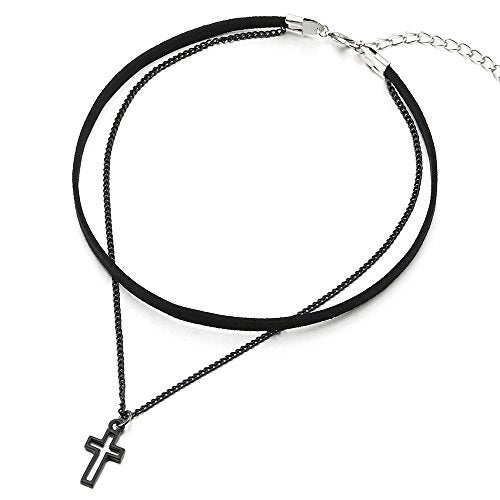 COOLSTEELANDBEYOND Ladies Womens Two-Rows Black Choker Necklace with Black Chain and Cross Charm Pendant - Image 4
