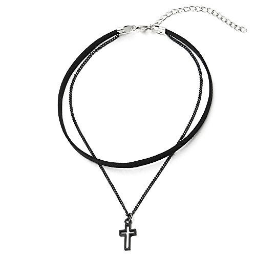 COOLSTEELANDBEYOND Ladies Womens Two-Rows Black Choker Necklace with Black Chain and Cross Charm Pendant - Image 3