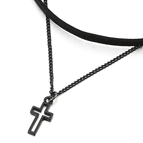 COOLSTEELANDBEYOND Ladies Womens Two-Rows Black Choker Necklace with Black Chain and Cross Charm Pendant - Image 2