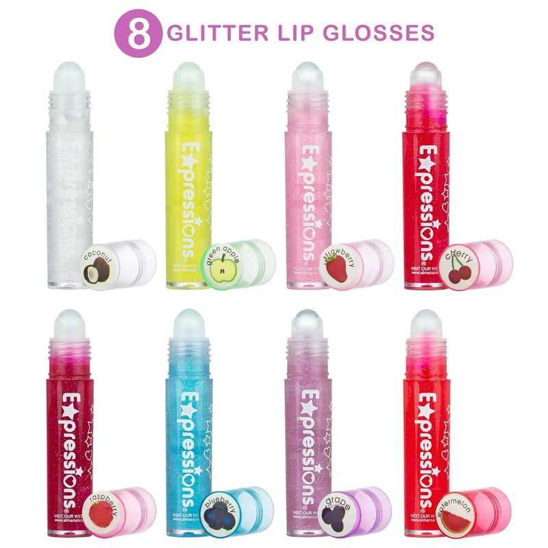 EXPRESSIONS 8pc Roller-Ball Glitter Lip Gloss Set, 8 Assorted Fruit Flavored Roll On Rollerball Lip Gloss for Kids, Safe, Non Toxic Kids Makeup Set - Image 2